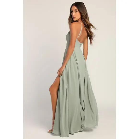 NWT Lulus Absolutely Breathtaking Sage Brush Maxi Dress Wedding Maid of Honor S - Picture 3 of 8